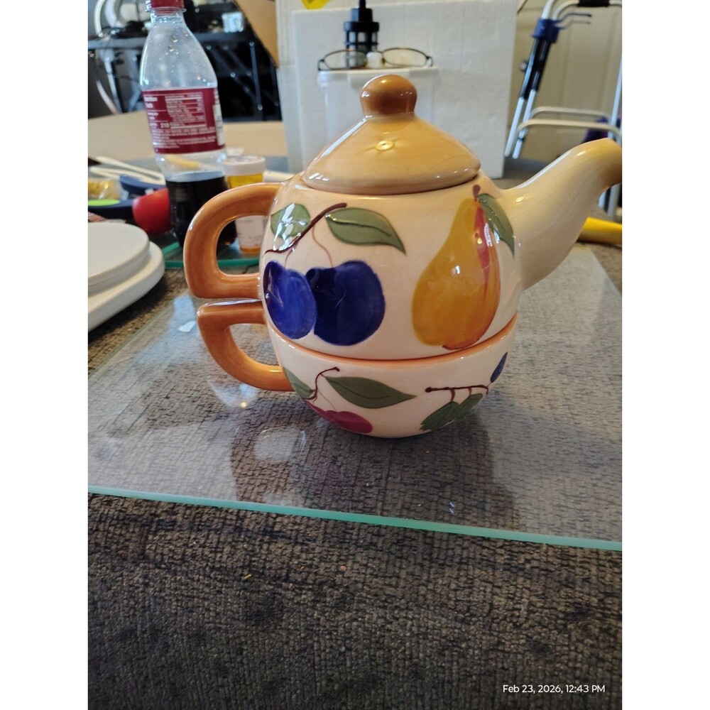 Rommel Nueva for Sapama Tea For One Set Vintage Fruit Teapot & Cup Pear Plum